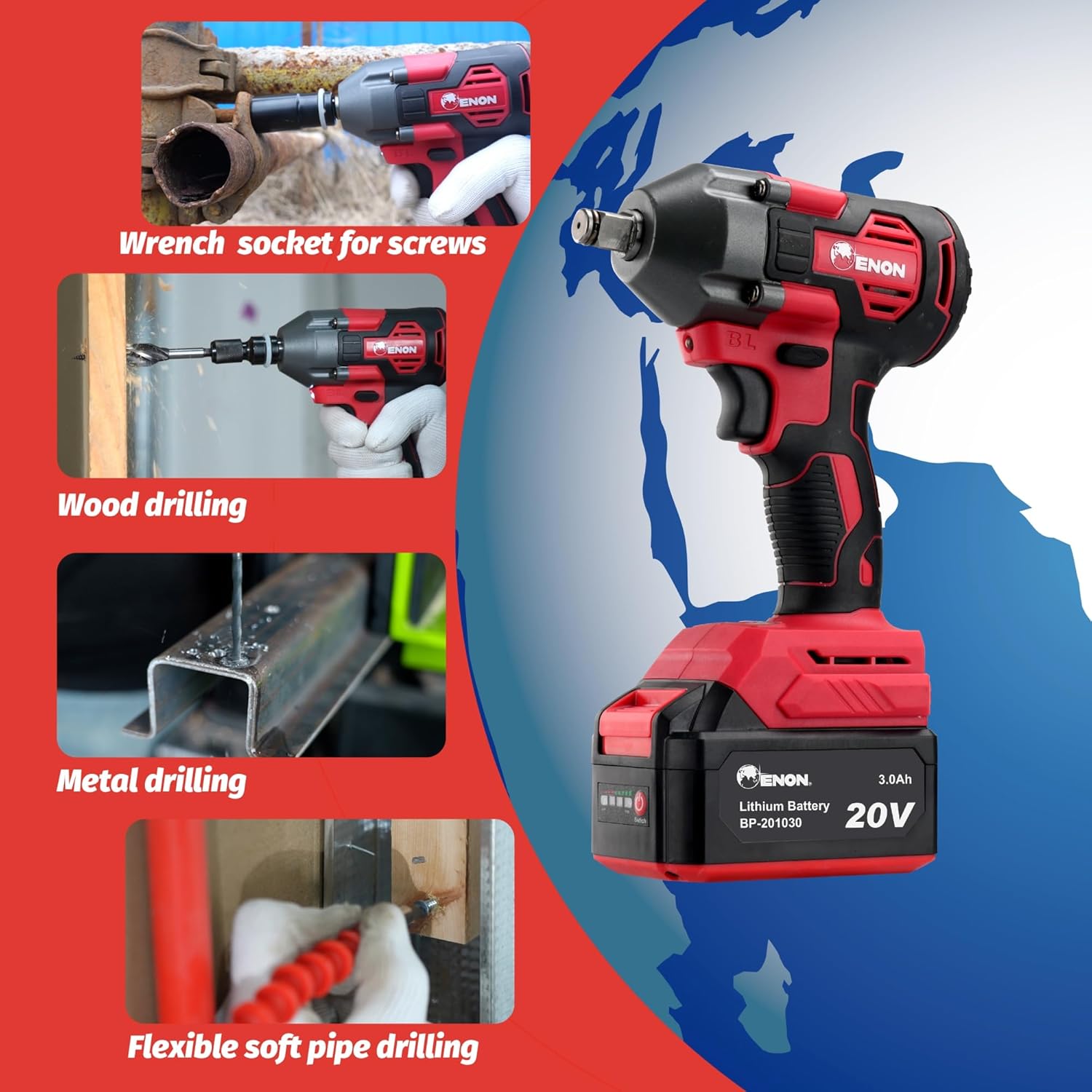 ENON 20V Impact Wrench Cordless Kit, 410Nm Torque, Powerful Motor, 2x3.0Ah Batteries, 5 wrench sockets, F/R, Brushless, Woodworking Tool, Drill, Screwdriver - 6 Month Warranty (XE-BL2032) ENON 20V Impact Wrench Cordless Kit, 410Nm Torque, Powerful Motor, 2x3.0Ah Batteries, 5 wrench sockets, F/R, Brushless, Woodworking Tool, Drill, Screwdriver - 6 Month Warranty (XE-BL2032)